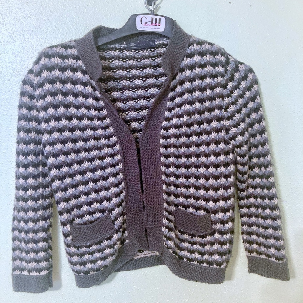 ZARA Metallic Geometric Jacquard Knit Cardigan Jacket Grey Black Patch Pockets